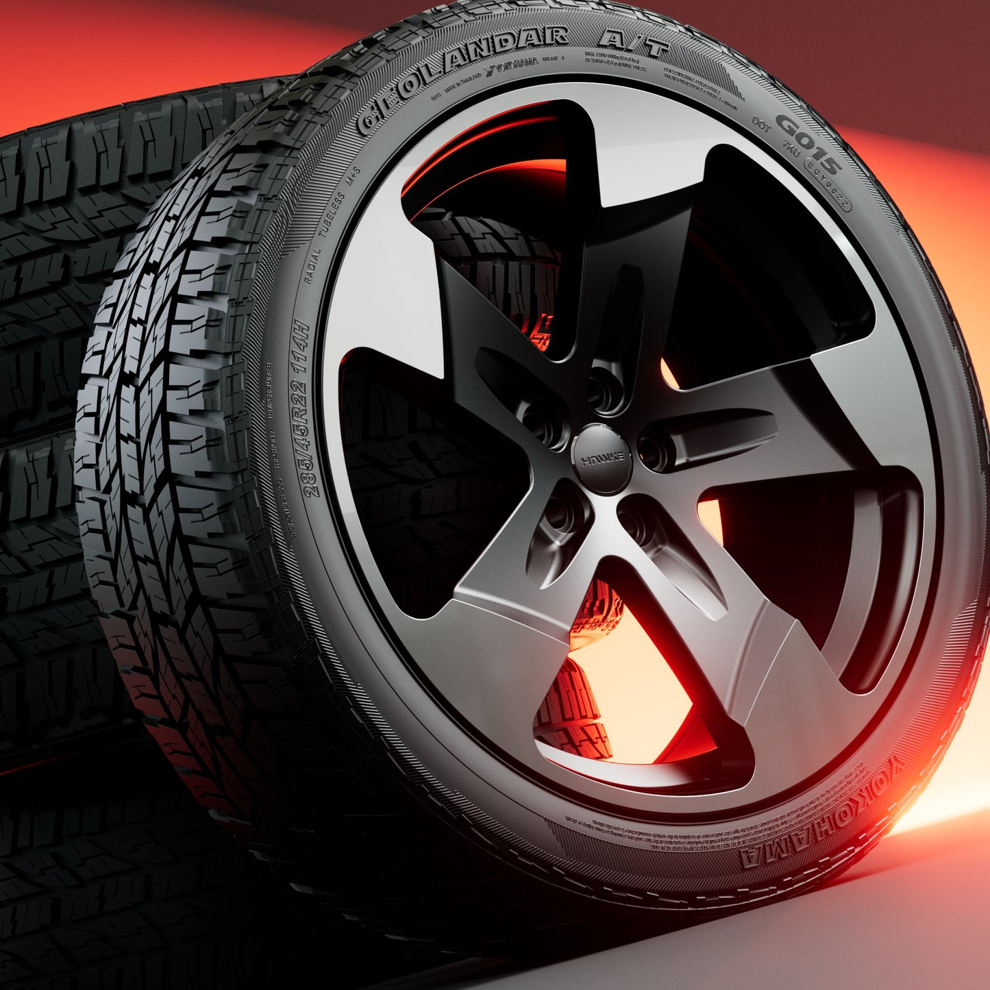 4 X 22 INCH HAWKE FIVE TOOTH WHEELS & TYRES PACKAGE (LAND ROVER DEFENDER) (WIDER REARS)