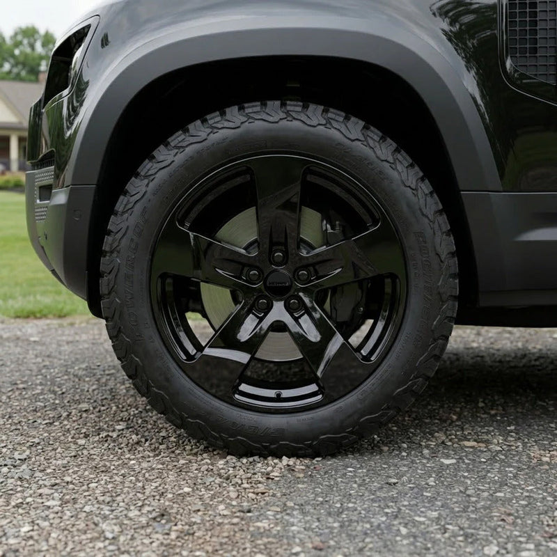 Hawke alloy wheels on Defender with rugged tyres