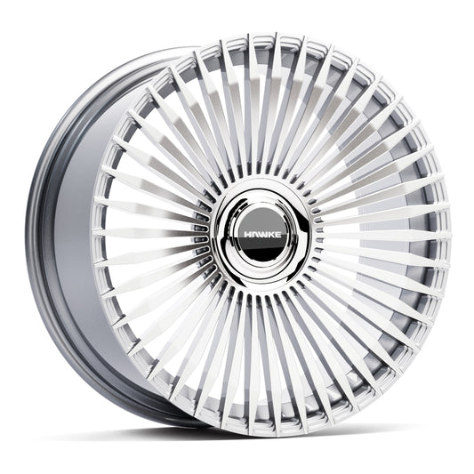Chrome HAWKE Aspray forged wheel rim with 'Hawke' branding on a white background