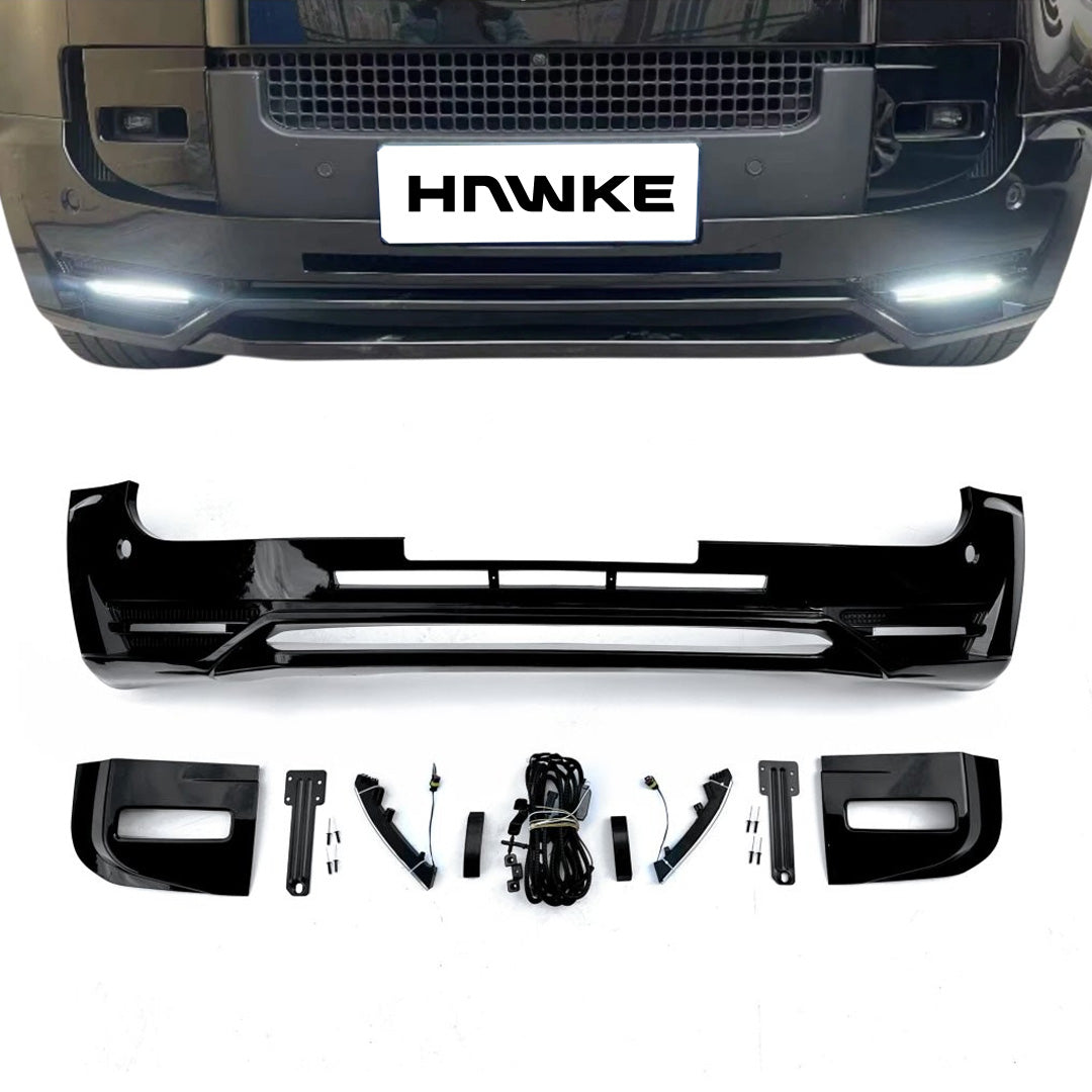 Hawke Gloss Black Front Bumper Splitter inc DRL pattern to fit Land Rover Defender L663